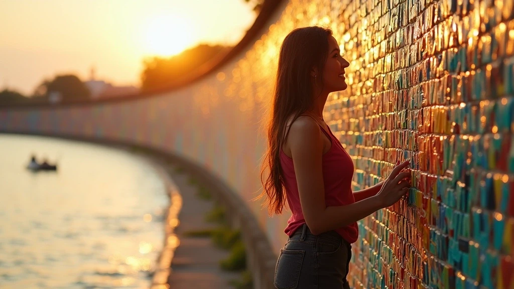 Reisende erkundet Keramik-Mosaik-Wand am Roten Fluss in Hanoi zur goldenen Stunde