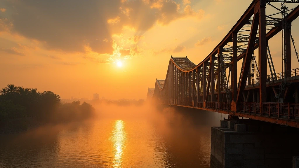 Goldene Stunde an der Long Bien Bruecke in Hanoi ueber den Roten Fluss