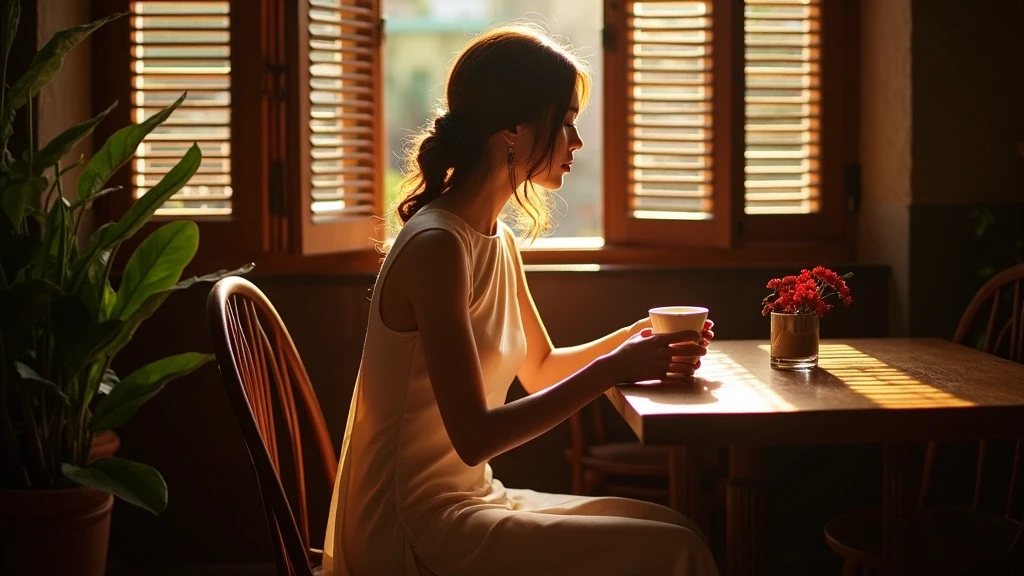 Elegante Frau in Seiden-Ao-Dai geniesst traditionellen vietnamesischen Kaffee in Hanoi