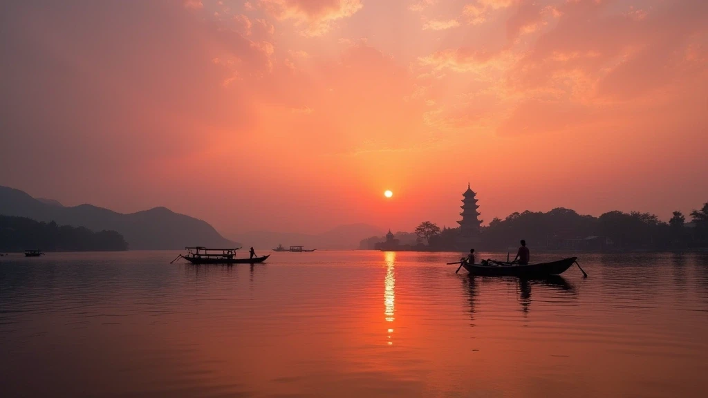 Sonnenuntergang ueber dem Westsee in Hanoi mit Tran Quoc Pagode im Silhouette