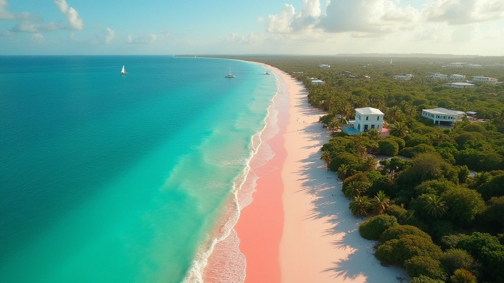 Luftaufnahme des rosa Sandstrandes von Harbour Island, Bahamas zur goldenen Stunde