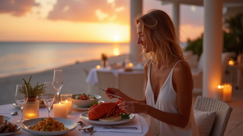 Elegante Frau geniesst Meeresfruechte-Dinner am Strand von Harbour Island, Bahamas
