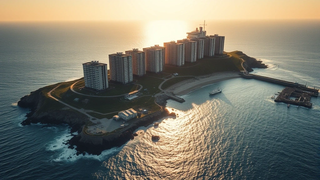 Luftaufnahme der verlassenen Betonbauten von Hashima Island bei goldener Stunde in Japan