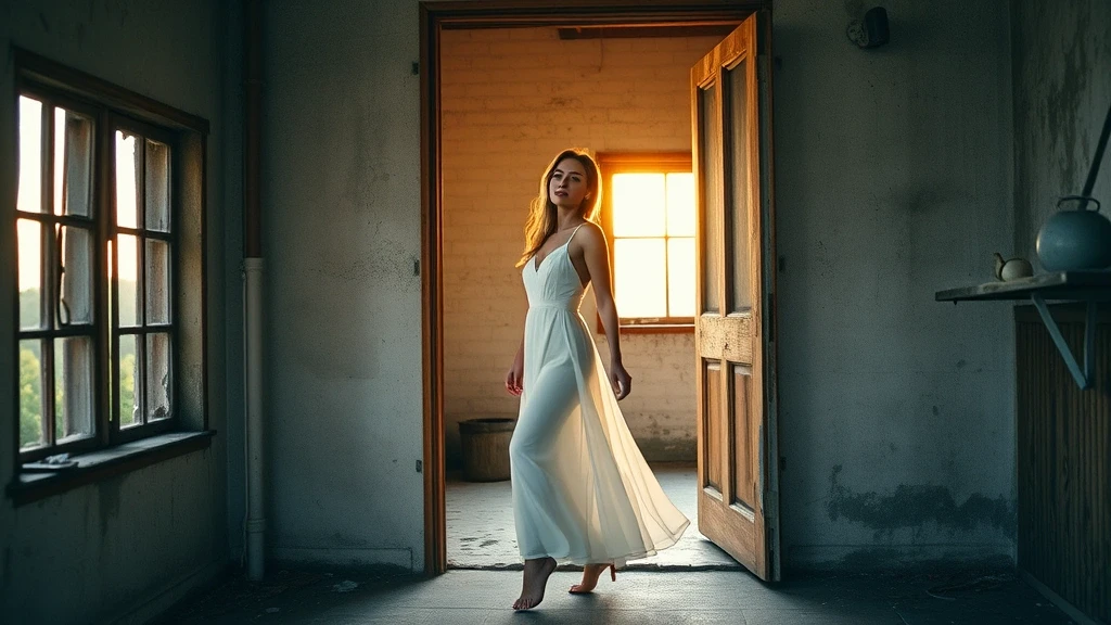 Elegante Frau in weissem Kleid in verlassenem Gebäude auf Hashima Island
