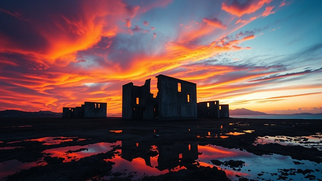 Sonnenuntergang über den verlassenen Gebäuden von Hashima Island in Japan