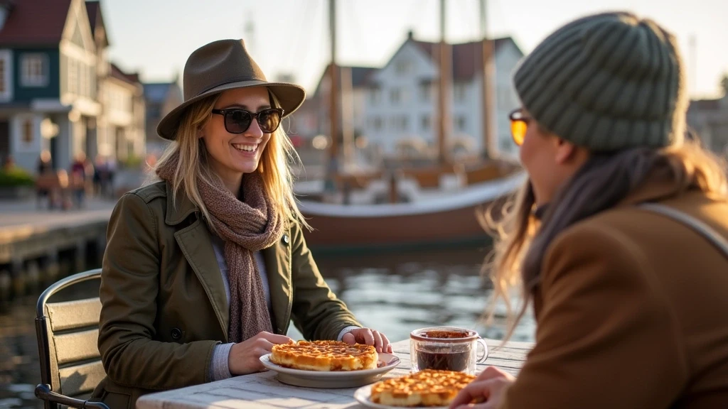 Stylisher Reisender genießt traditionelle norwegische Waffeln im Hafenviertel von Haugesund