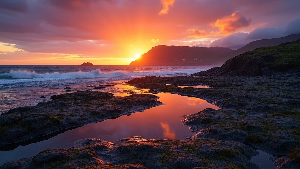 Dramatischer Sonnenuntergang über den Wikingergräbern auf Karmøy in Haugesund, Norwegen