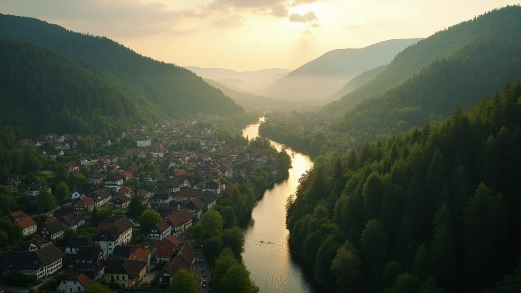 Luftaufnahme von Hausach im Schwarzwald zur goldenen Stunde mit Flusskonvergenz und Fachwerkhaeusern