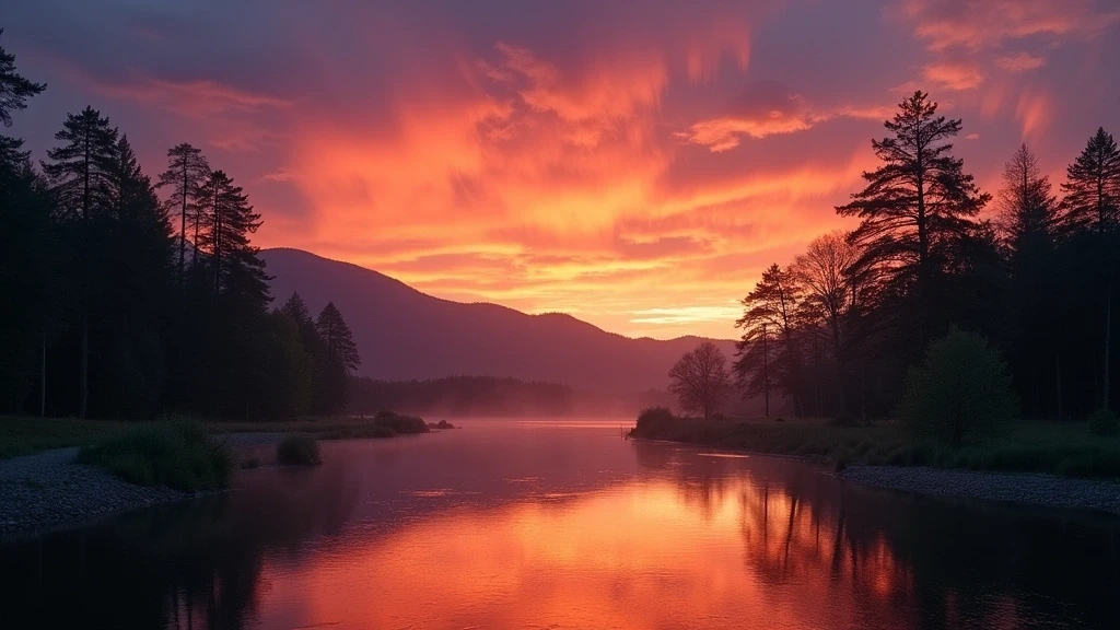 Sonnenuntergang ueber dem Schwarzwald bei Hausach mit Spiegelung im Kinzig-Fluss