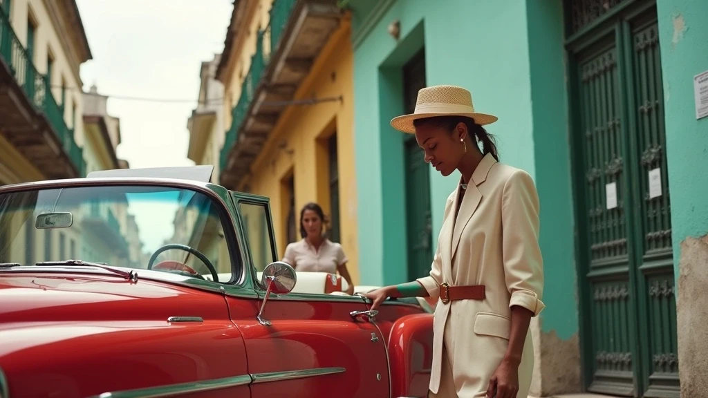 Reisende bewundert Oldtimer auf Kopfsteinpflasterstrasse in Centro Habana, Havanna, Kuba