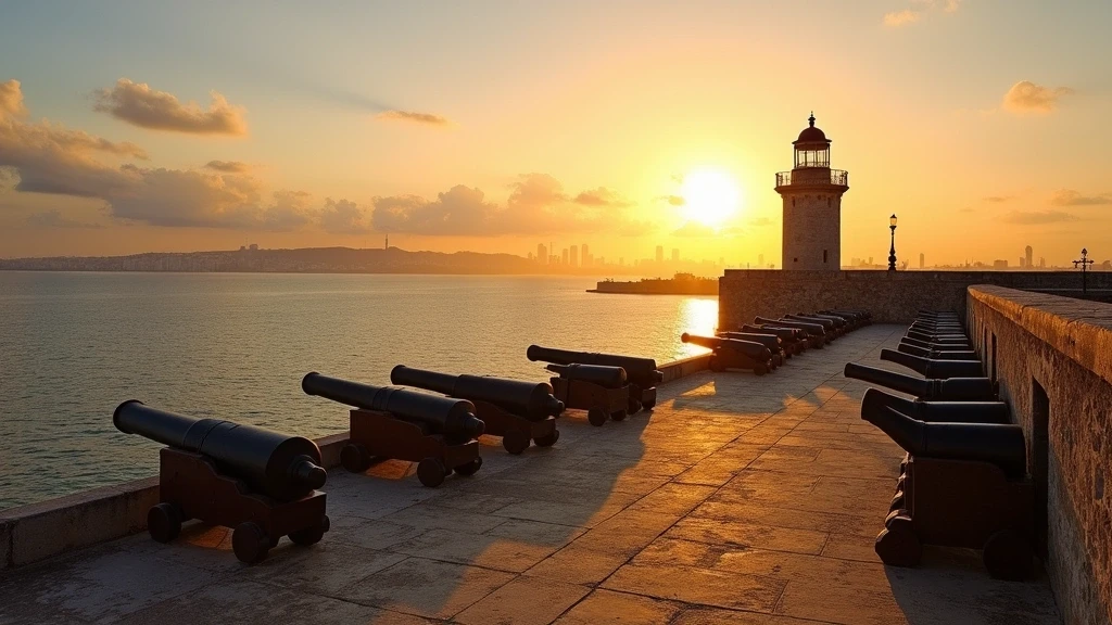 Panoramablick von der Festung El Morro in Havanna, Kuba zur goldenen Stunde ueber die Hafeneinfahrt
