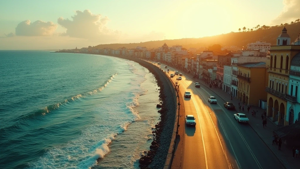 Luftaufnahme des Malecón in Havanna, Kuba zur goldenen Stunde mit kolonialer Architektur und Oldtimern