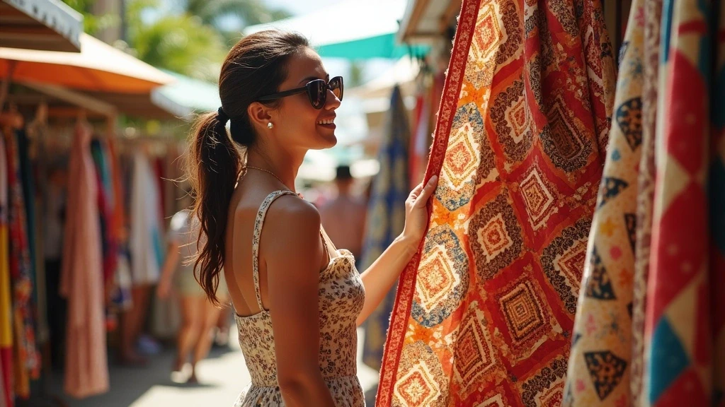 Stylish Reisende betrachtet hawaiianische Quilts auf einem Kunsthandwerkermarkt in Honolulu