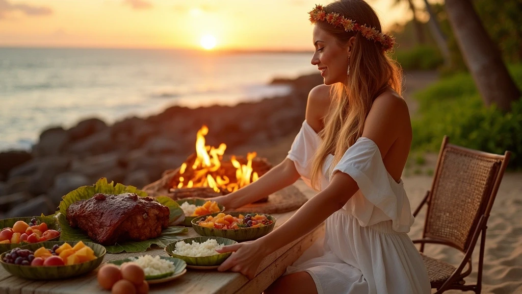 Elegante Frau beim traditionellen Lūʻau-Fest auf Hawaii, Abendessen am Strand
