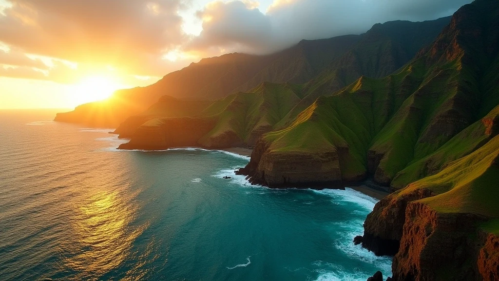 Sonnenuntergang an der Napali-Küste auf Kauai, Hawaii, dramatische Klippen