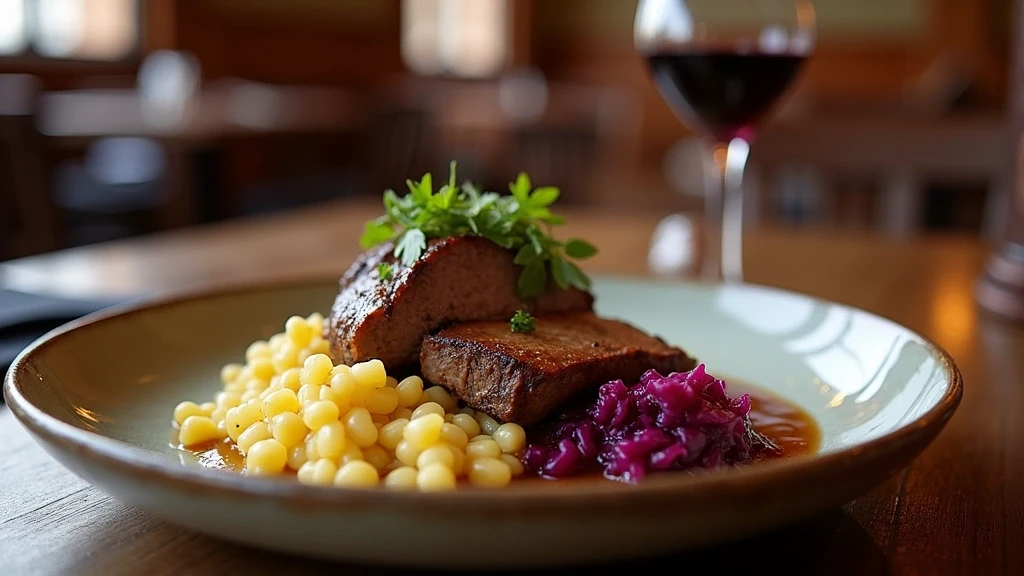 Traditionelles deutsches Sauerbraten-Gericht in historischem Restaurant in Heidelbergs Altstadt