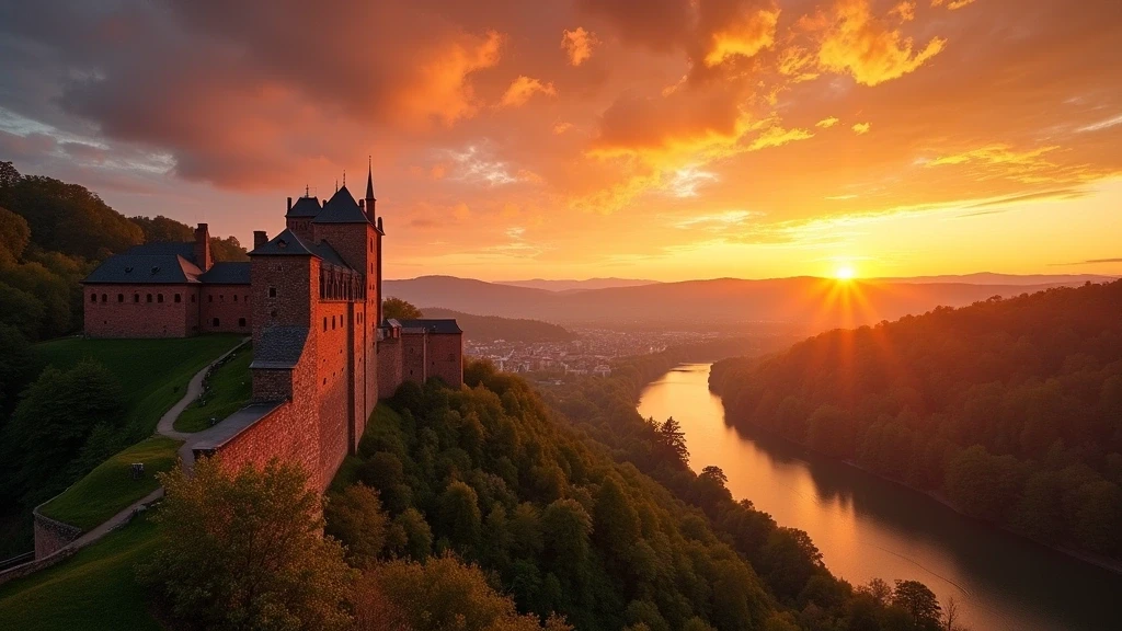 Sonnenuntergang am Philosophenweg mit Blick auf das Heidelberger Schloss und den Neckar