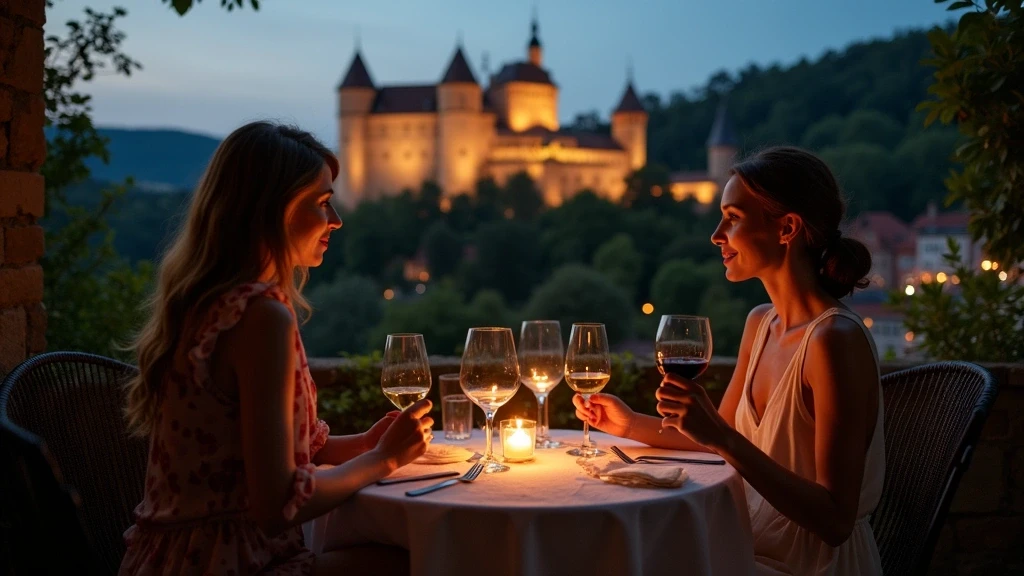 Elegante Frau geniesst Riesling auf Terrasse mit Schlossblick in Heidelberg bei Nacht