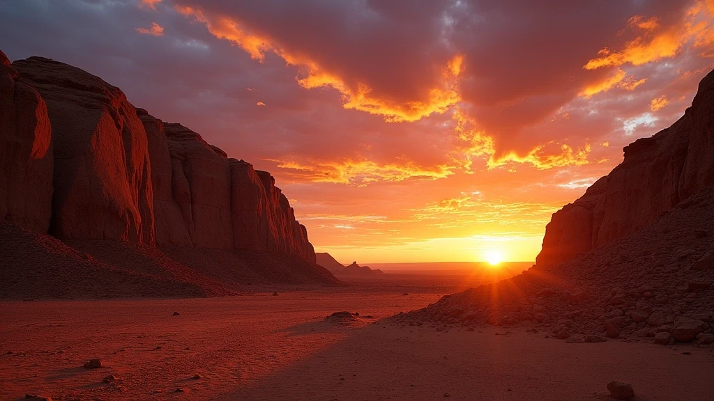 Dramatischer Sonnenuntergang ueber der Namib-Wueste bei Helmeringhausen in Namibia