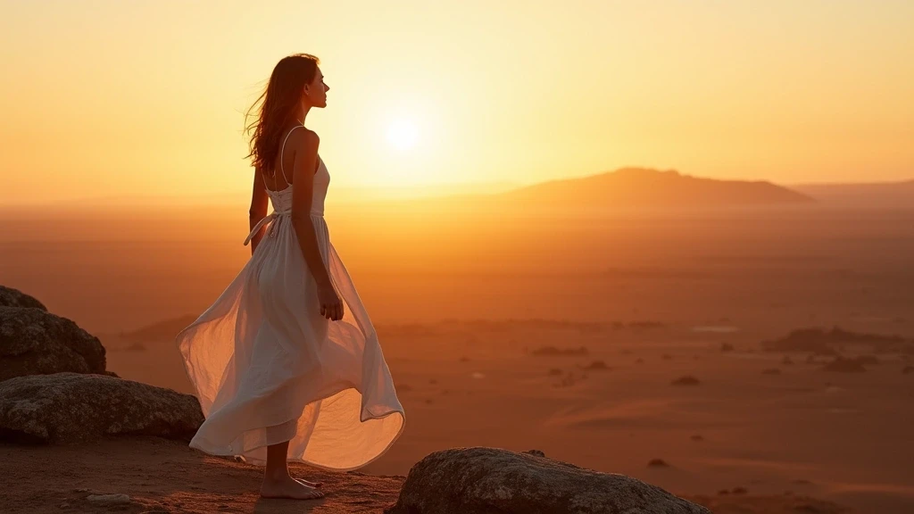 Elegante Reisende auf Felsvorsprung bei Sonnenuntergang in Helmeringhausen, Namibia