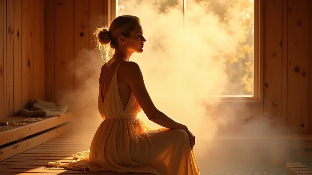 Elegante Frau geniesst finnische Sauna in Löyly Helsinki zur goldenen Stunde