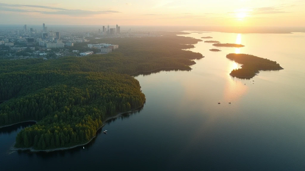 Luftaufnahme der Helsinkier Schärenküste zur goldenen Stunde mit Stadtpanorama