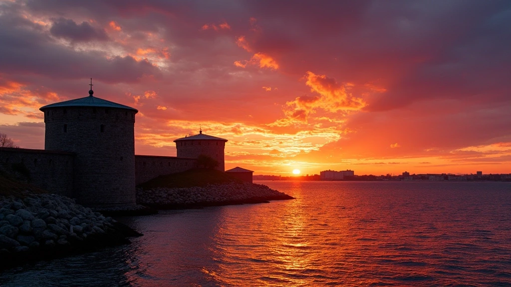 Sonnenuntergang über der Festung Suomenlinna in Helsinki mit dramatischem Himmel