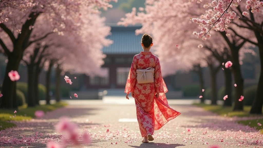 Elegante Frau im Kimono im Maruyama Park von Higashiyama waehrend der Kirschbluete