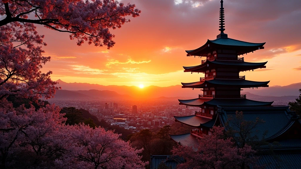 Yasaka Pagode in Higashiyama bei Sonnenuntergang mit Kirschblueten im Vordergrund