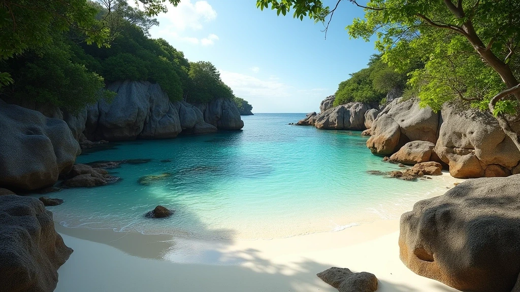 Panoramablick auf private Bucht mit Granitfelsen und tuerkisfarbenem Wasser am Hilton Seychelles Northolme Resort