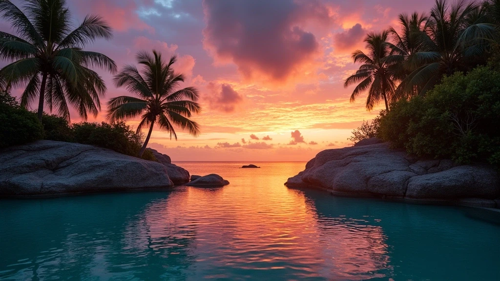 Sonnenuntergang ueber Granitfelsen am Hilton Seychelles Northolme Resort & Spa mit tuerkisfarbenem Ozean