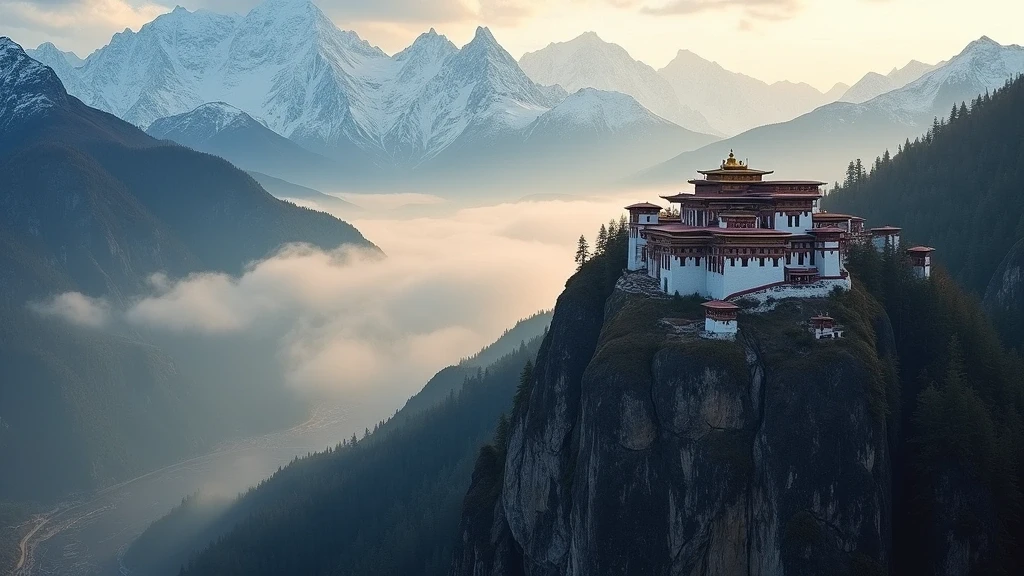 Dramatische Luftaufnahme der schneebedeckten Himalaya-Gipfel in Bhutan zur goldenen Stunde