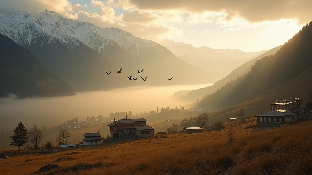 Panoramablick auf das Phobjikha-Tal in Bhutan mit Kranichen zur goldenen Stunde