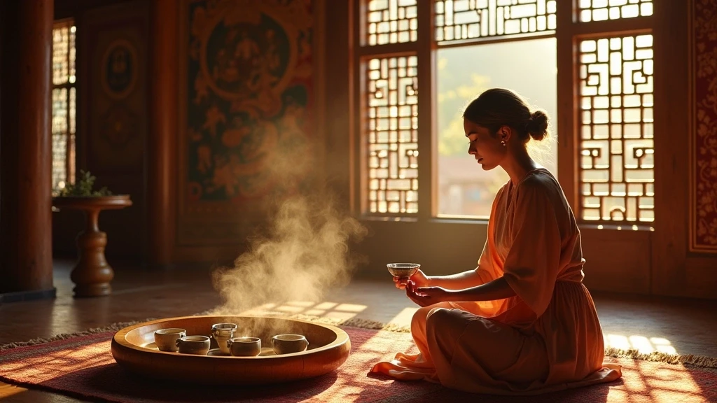 Elegante Reisende bei traditioneller Bhutan-Teezeremonie in Luxusresort zur goldenen Stunde