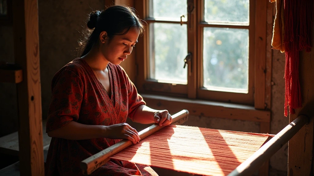 Bhutanische Weberin bei traditioneller Textilkunst auf Holzwebstuhl mit Sonnenlicht