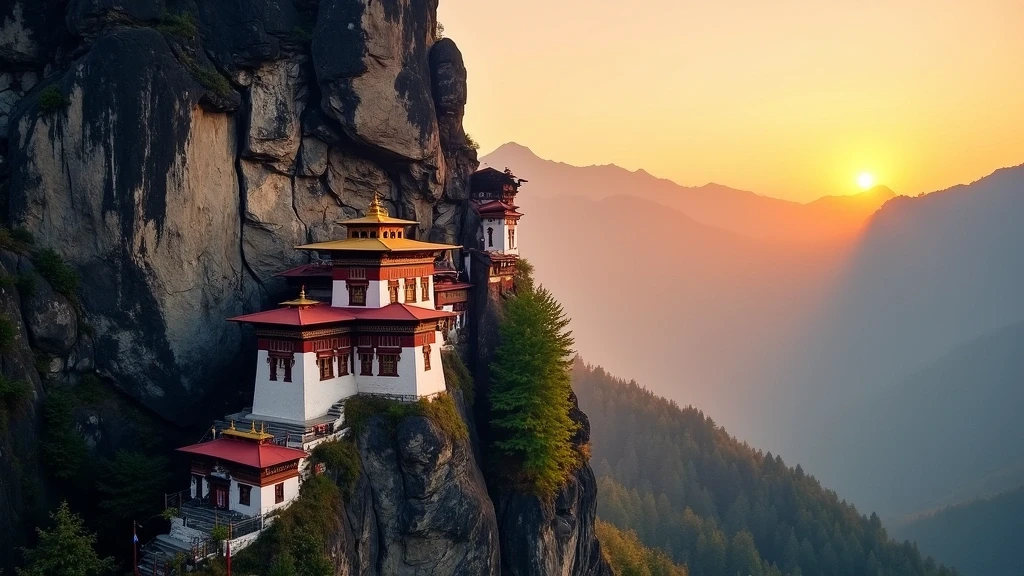 Sonnenuntergang am Tigernest-Kloster in Bhutan mit goldenem Licht und Gebetsfahnen