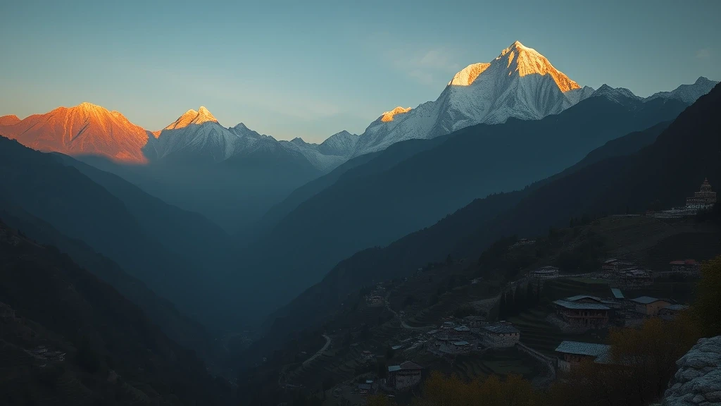Sonnenaufgang am Annapurna-Circuit mit terrassierten Feldern und traditionellen Doerfern im Himalaya