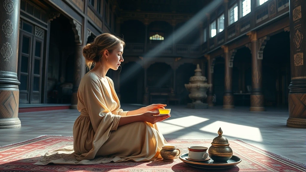 Elegante Reisende geniesst traditionellen Buttertee im bhutanischen Klosterhof des Himalaya