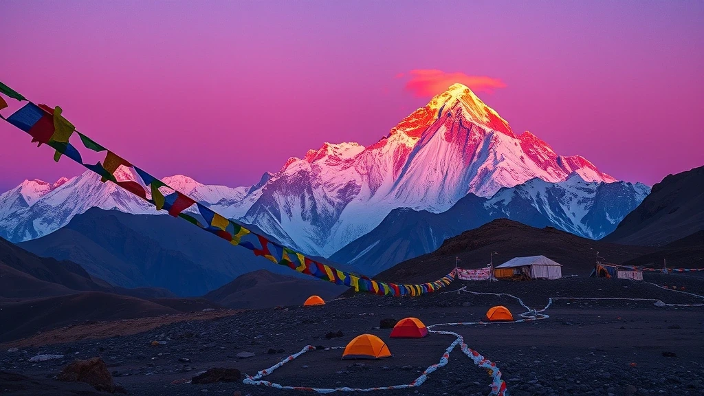 Everest-Basislager bei Sonnenuntergang mit Gebetsfahnen vor dem Mount Everest im Himalaya
