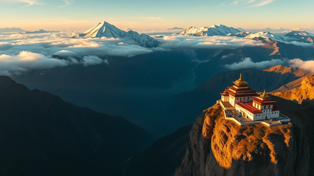 Dramatische Luftaufnahme der Himalaya-Bergkette mit schneebedeckten Gipfeln und Klöstern zur goldenen Stunde