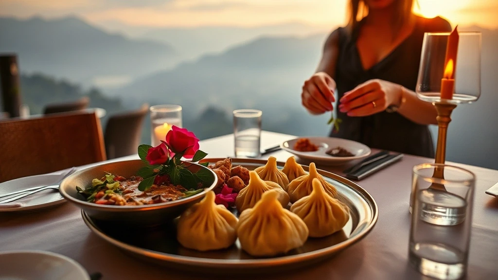 Luxus-Dinner mit Momo-Dumplings und Thali bei Sonnenuntergang ueber Kathmandu-Tal im Himalaya