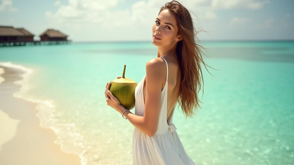 Elegante Frau geniesst Barefoot Luxury auf der Sandbank von Himmafushi, Malediven