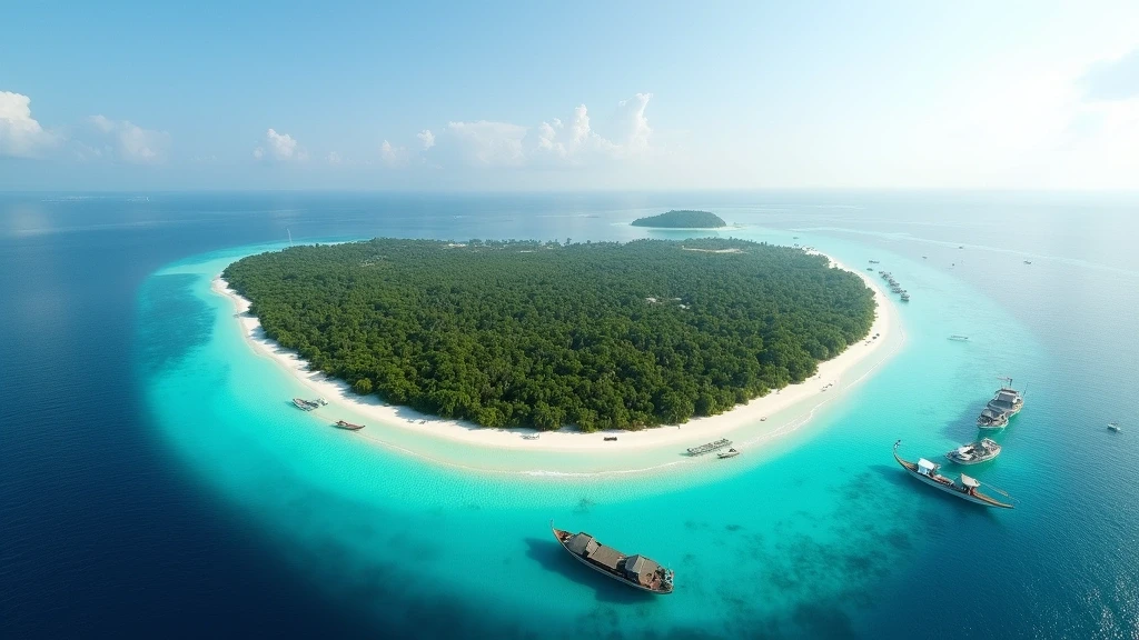 Panoramablick auf die gesamte Insel Himmafushi, Malediven mit Lagune und Booten