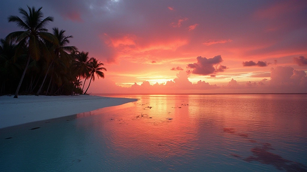 Dramatischer Sonnenuntergang über der Sandbank von Himmafushi, Malediven mit Spiegelungen