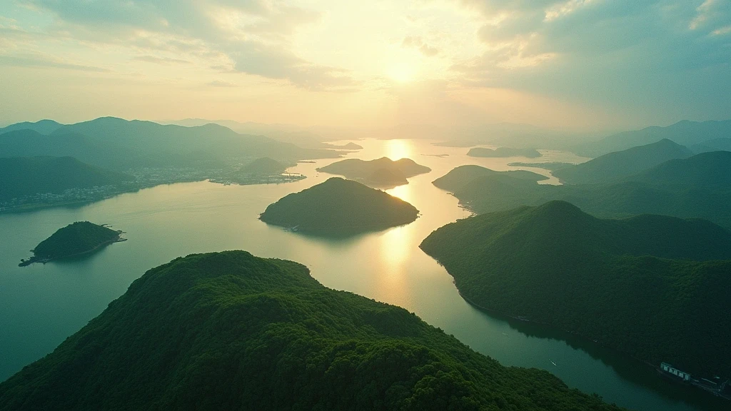 Luftaufnahme von Hiroshima mit Seto-Binnenmeer und Ota-Flussdelta zur goldenen Stunde