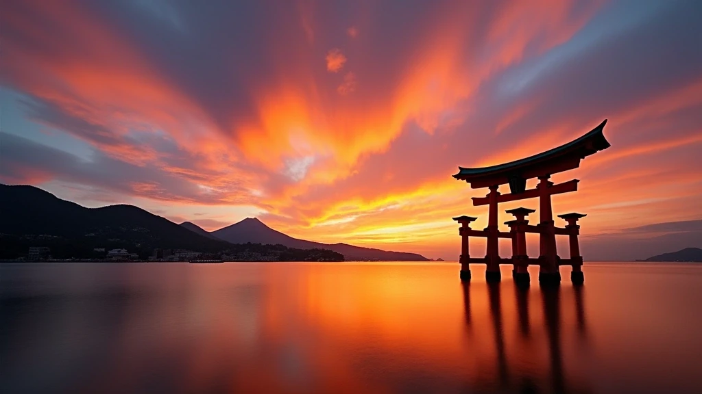 Sonnenuntergang am O-Torii-Tor auf Miyajima in Hiroshima, Japan