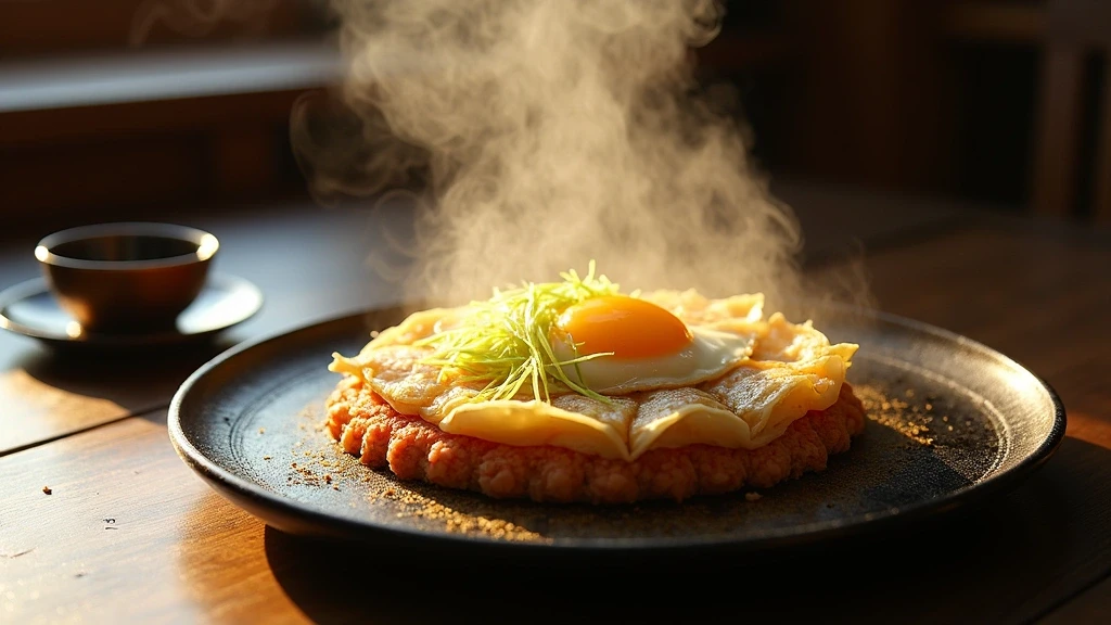 Hiroshima-Okonomiyaki auf Eisenplatte mit Dampf zur goldenen Stunde