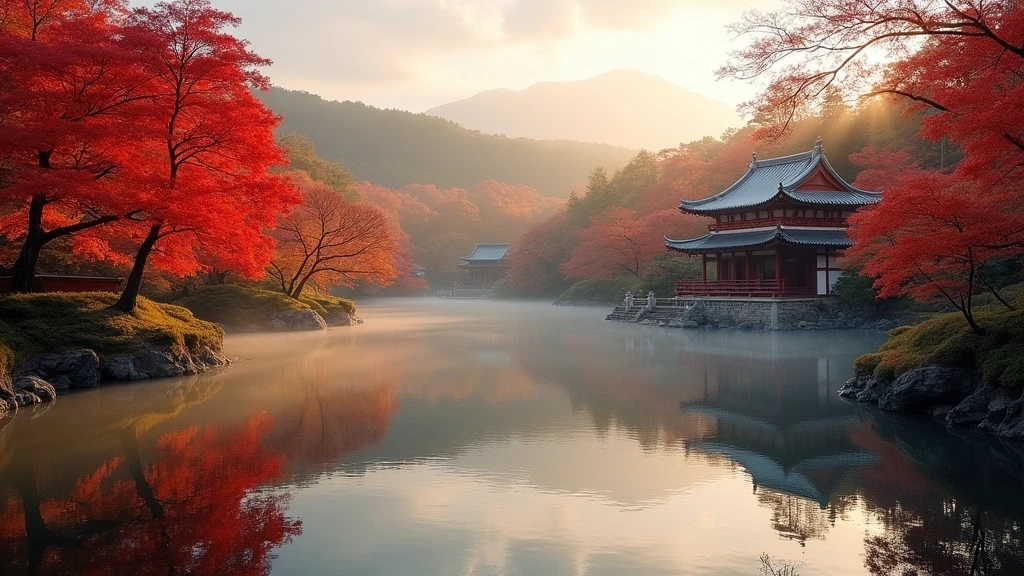Herbstliche Panoramaansicht des Shukkei-en-Gartens in Hiroshima mit Ahornbaeumen