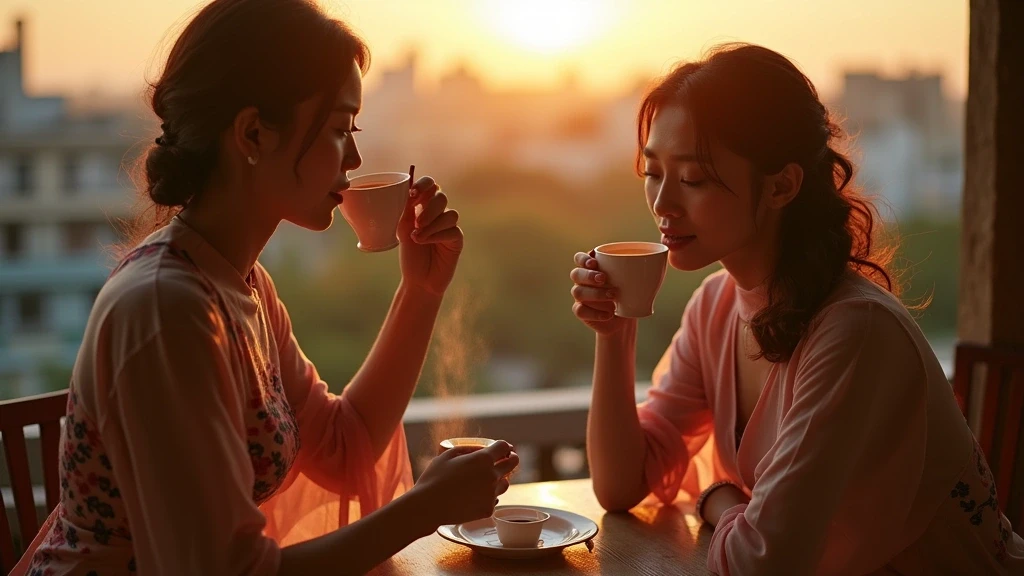 Elegante Frau in Seiden-Ao-Dai geniesst vietnamesischen Kaffee auf einem Rooftop in Ho-Chi-Minh-Stadt