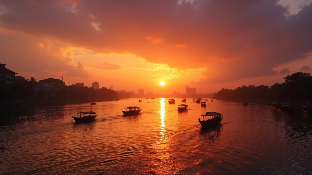 Panorama-Sonnenuntergang ueber dem Saigon-Fluss in Ho-Chi-Minh-Stadt mit traditionellen Booten